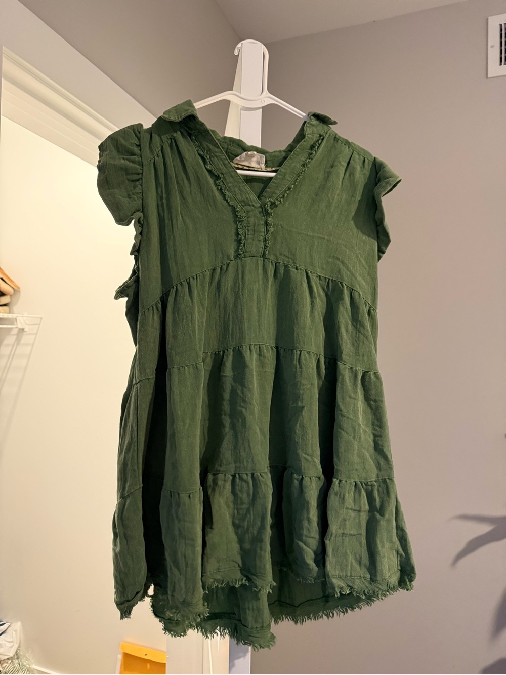 Umgee Olive Green Tiered V-Neck Cotton Dress